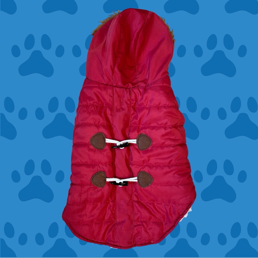 Dog Coat with Hood, Red, with Toggle Closures, Sz Small but Not Tiny